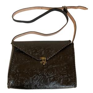 Vintage Tooled Leather Shoulder Bag Handcrafted Mexico Brown Crossbody Satchel